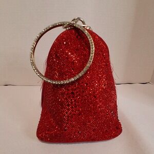 Sparkling Red Glitter Evening Clutch Handbag with Rhinestone Ring Handle